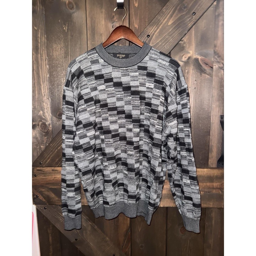 Vintage Protégé Men's Sweater XL Textured Geometric Knit 90s Fall‎ Black Gray